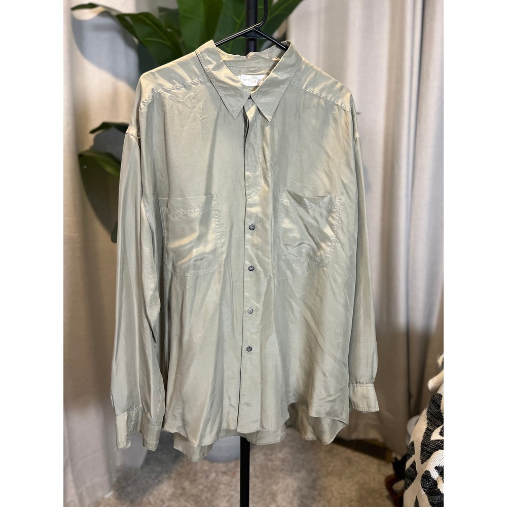 Signal Sport Women XL 100% Silk Button Down Shirt Sage Green Long Sleeve Blouse